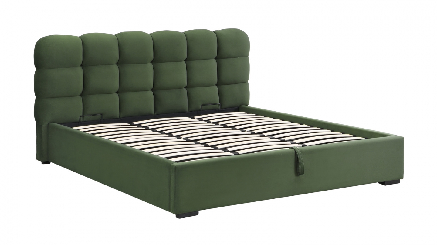 Lit coffre adulte 180x200 cm avec sommier et tête de lit capitonnée en velours vert kaki - Lola