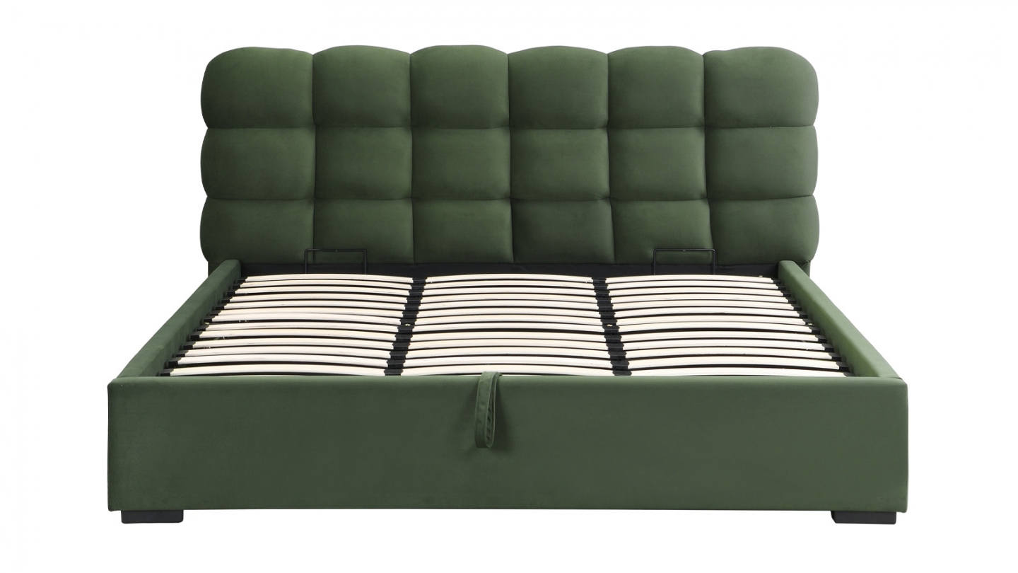 Lit coffre adulte 180x200 cm avec sommier et tête de lit capitonnée en velours vert kaki - Lola