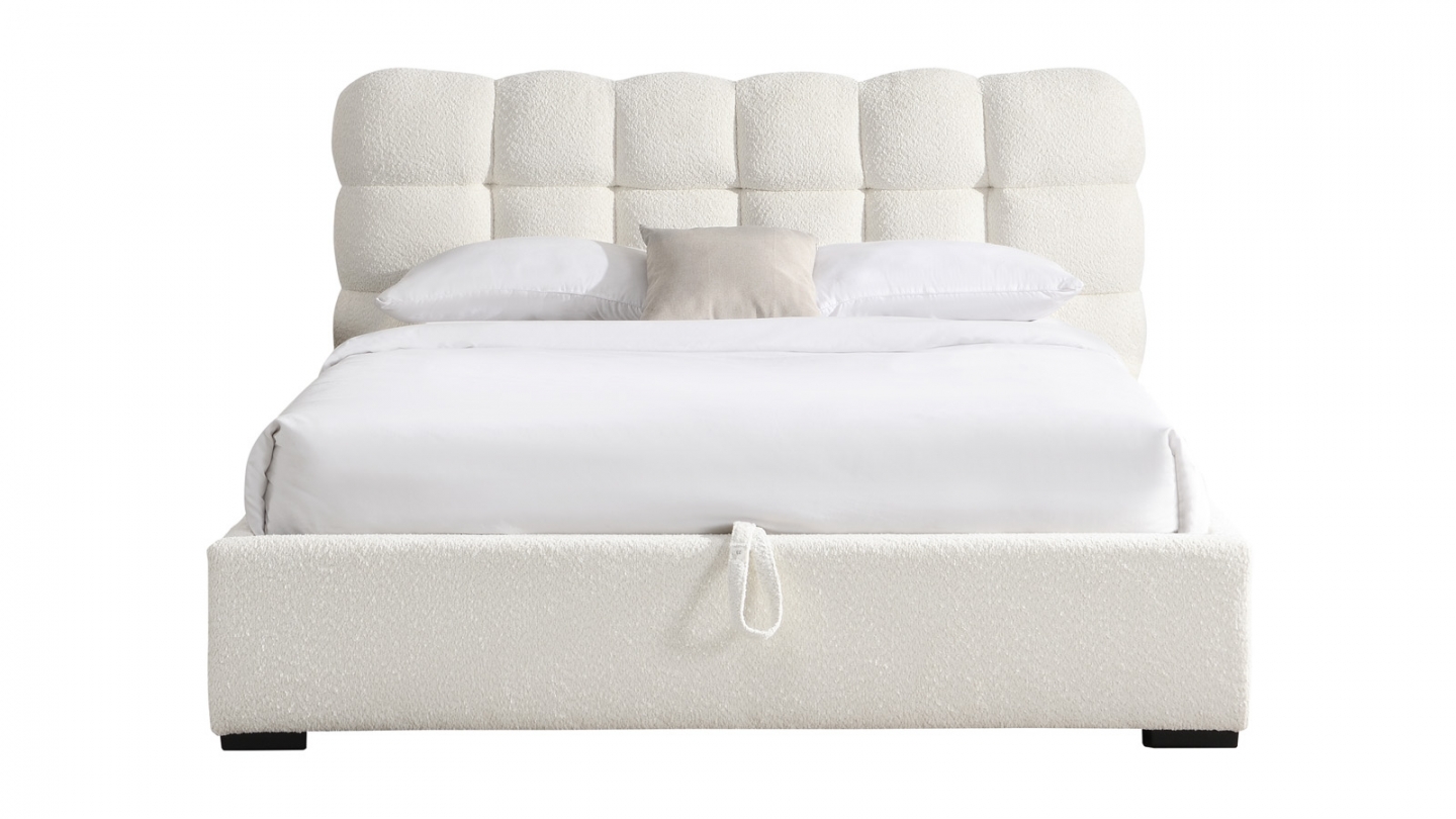 Lit coffre adulte 180x200 cm avec sommier et tête de lit capitonnée en tissu bouclé beige - Lola