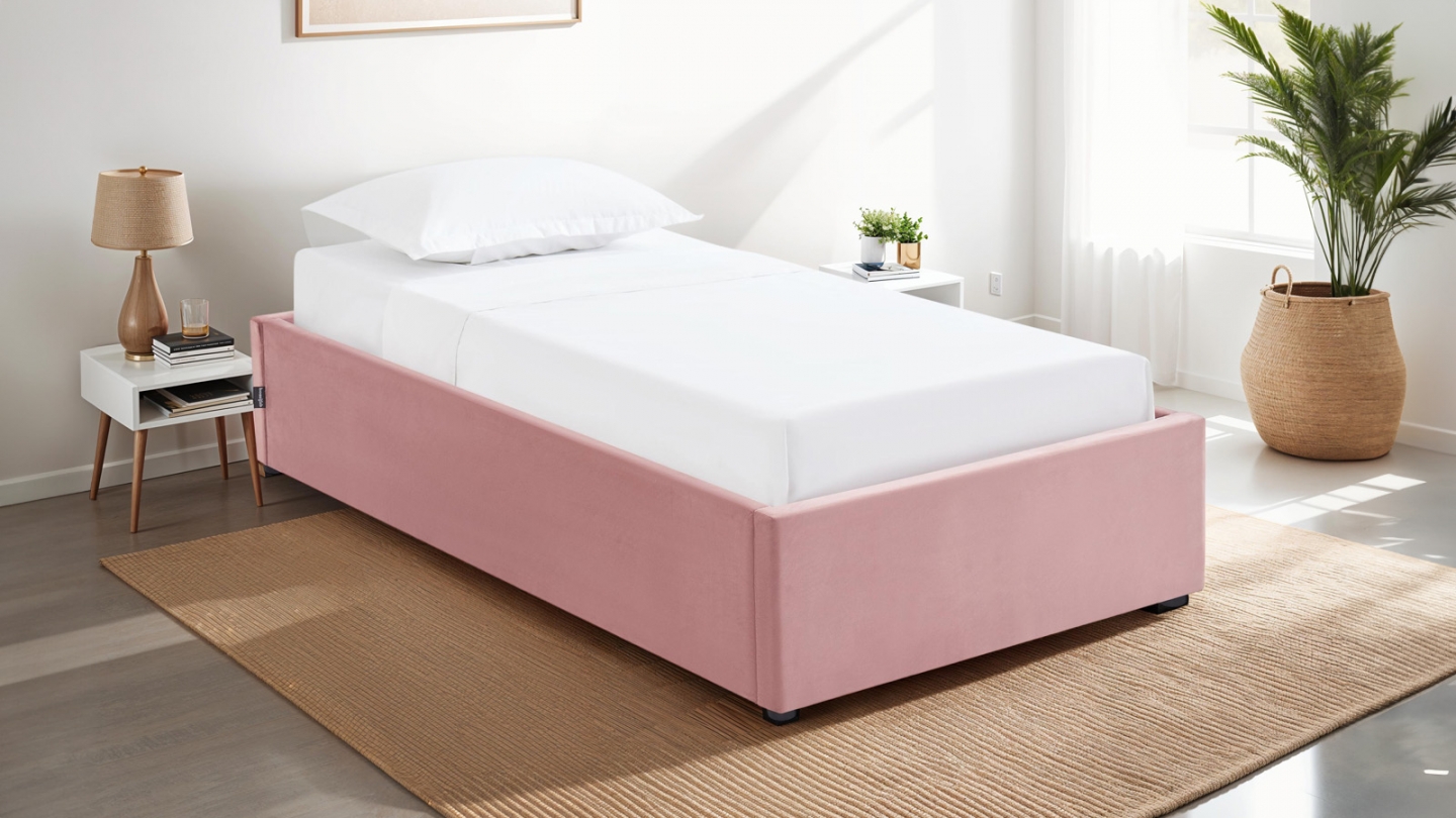 Lit coffre adulte 90x190 cm en velours rose avec sommier - Handy