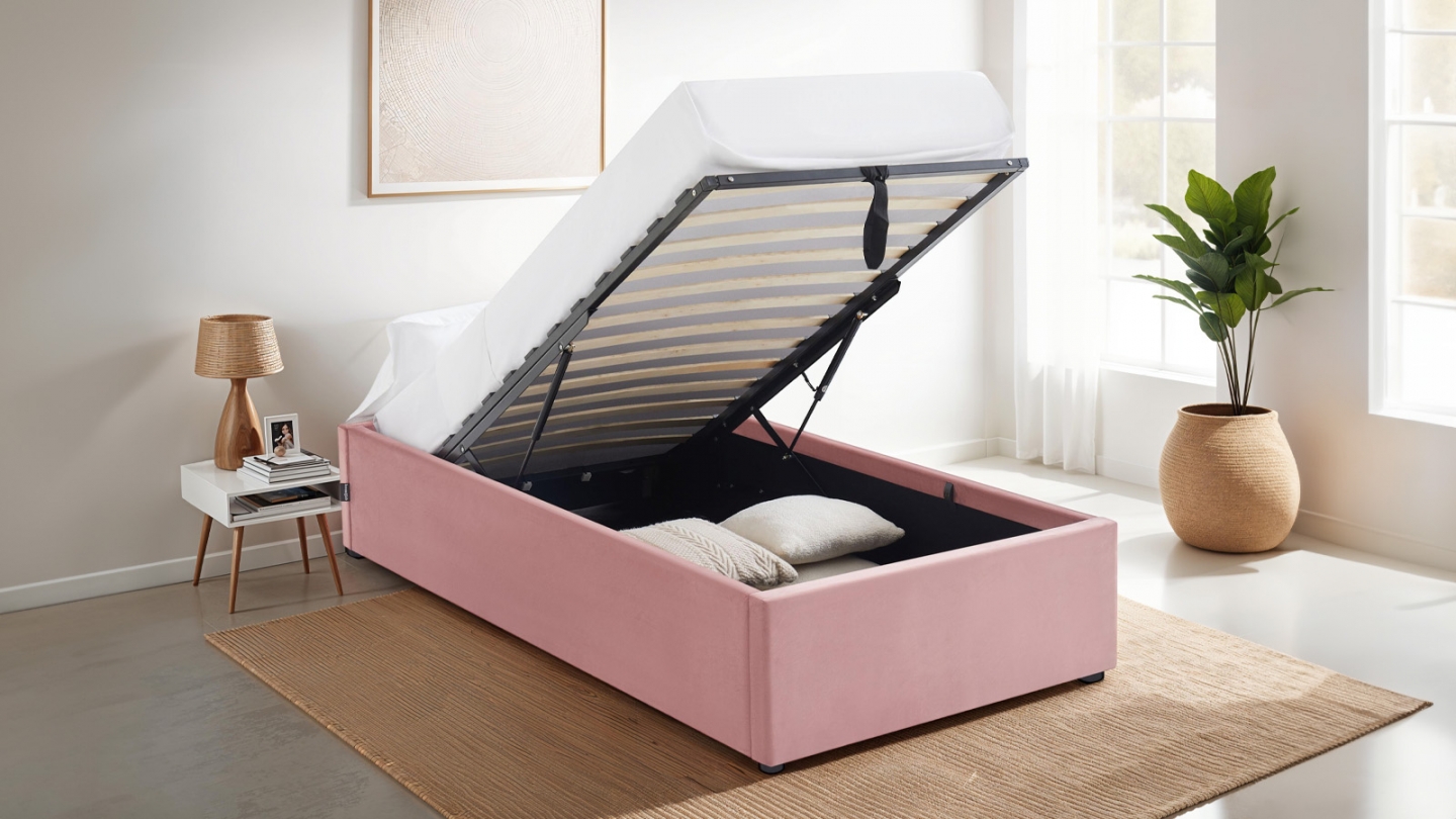 Lit coffre adulte 90x190 cm en velours rose avec sommier - Handy