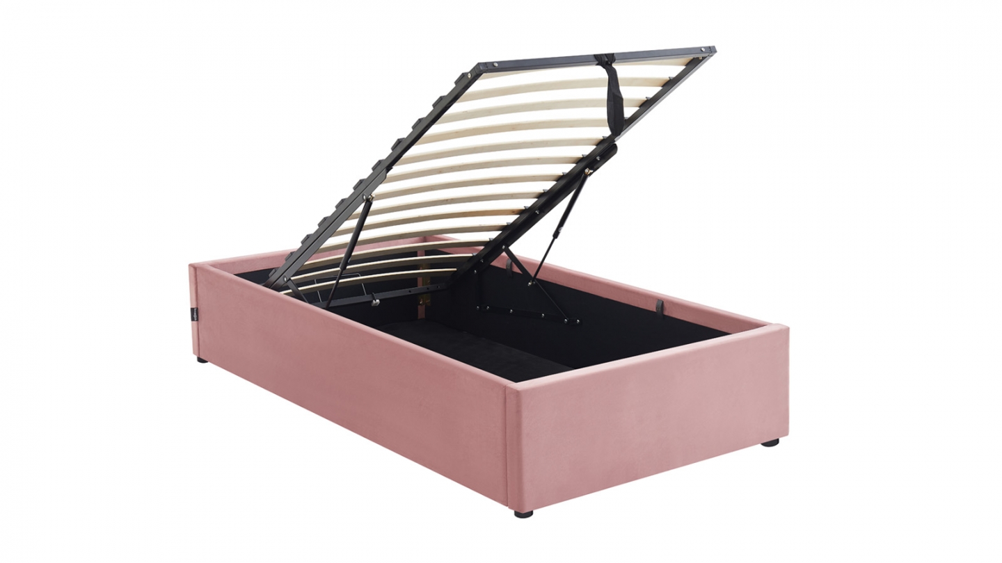 Lit coffre adulte 90x190 cm en velours rose avec sommier - Handy