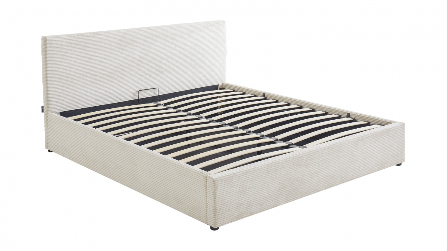 Lit coffre adulte 140x190 cm avec tête de lit capitonnée en velours côtelé beige et sommier - Tina