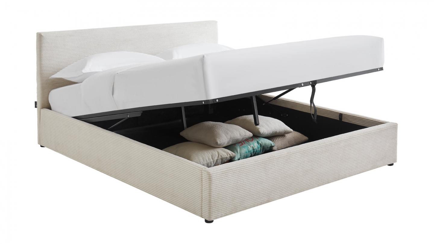 Lit coffre adulte 140x190 cm avec tête de lit capitonnée en velours côtelé beige et sommier - Tina