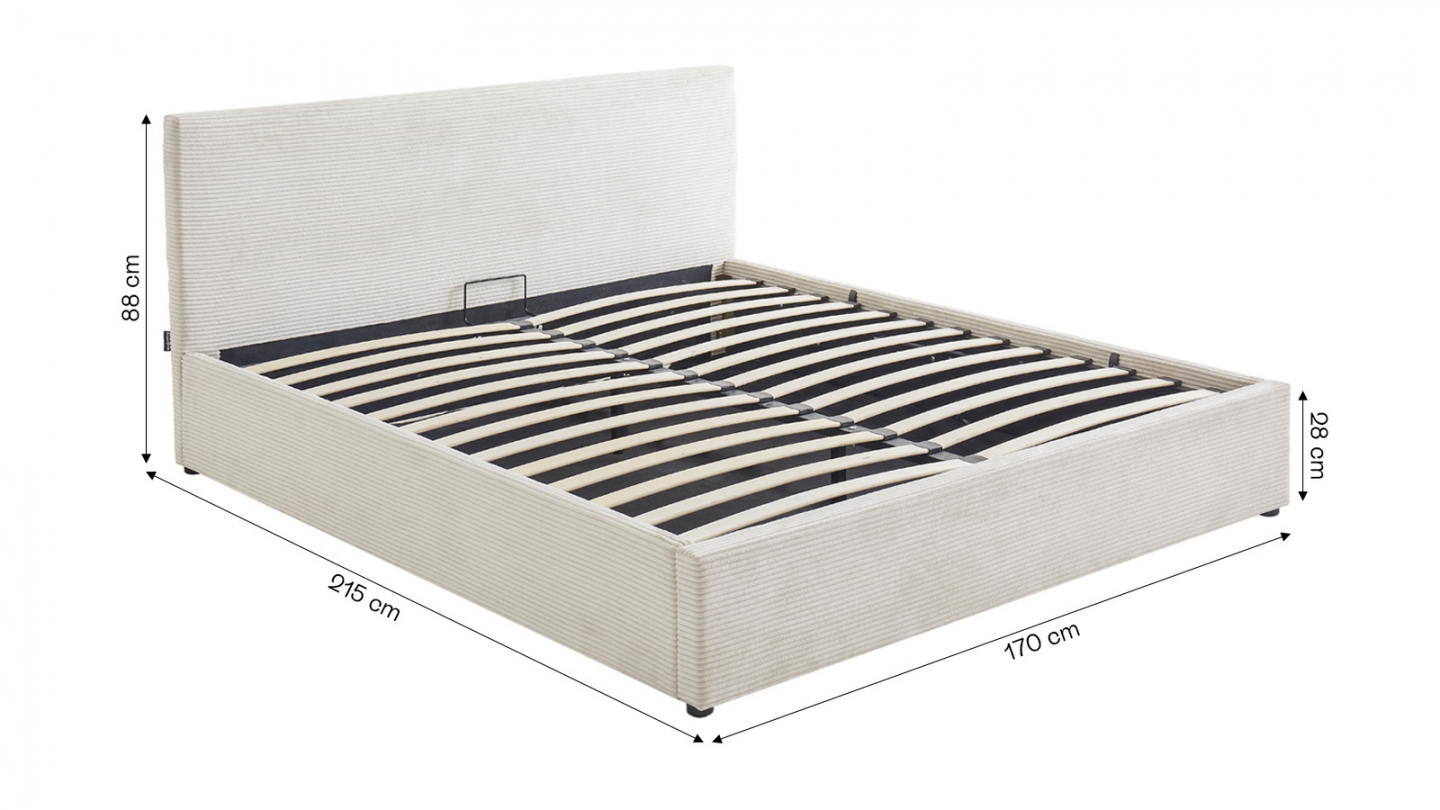 Lit coffre adulte 160x200 cm avec tête de lit capitonnée en velours côtelé beige et sommier - Tina