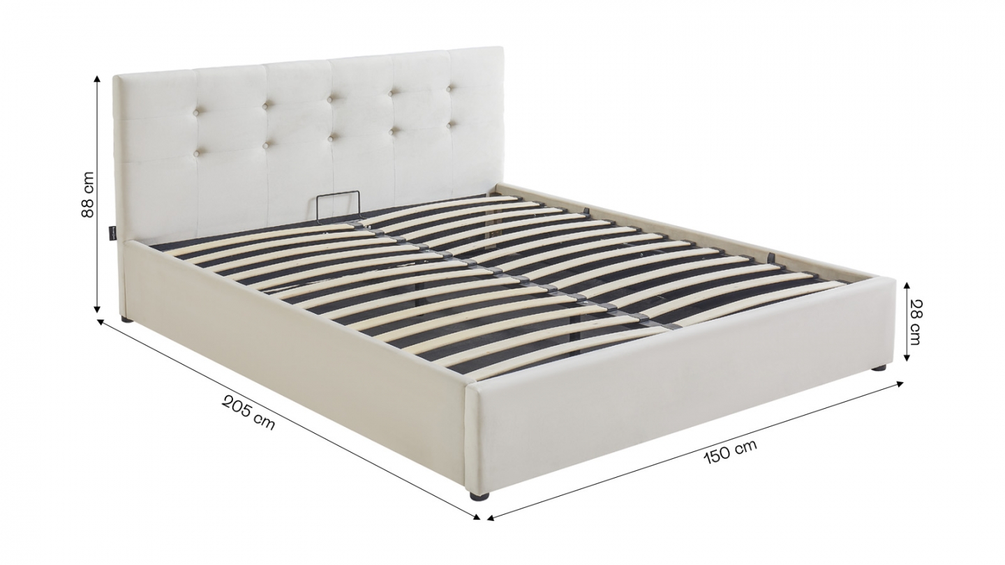 Lit coffre adulte 140x190 cm avec tête de lit capitonnée en velours beige et sommier - Tina