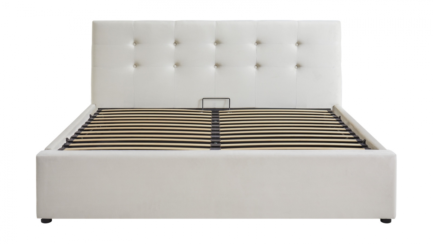 Lit coffre adulte 140x190 cm avec tête de lit capitonnée en velours beige et sommier - Tina