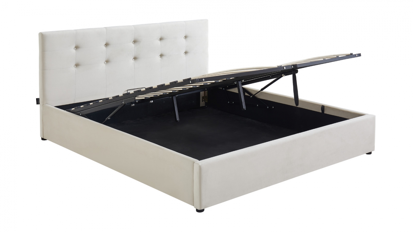 Lit coffre adulte 140x190 cm avec tête de lit capitonnée en velours beige et sommier - Tina