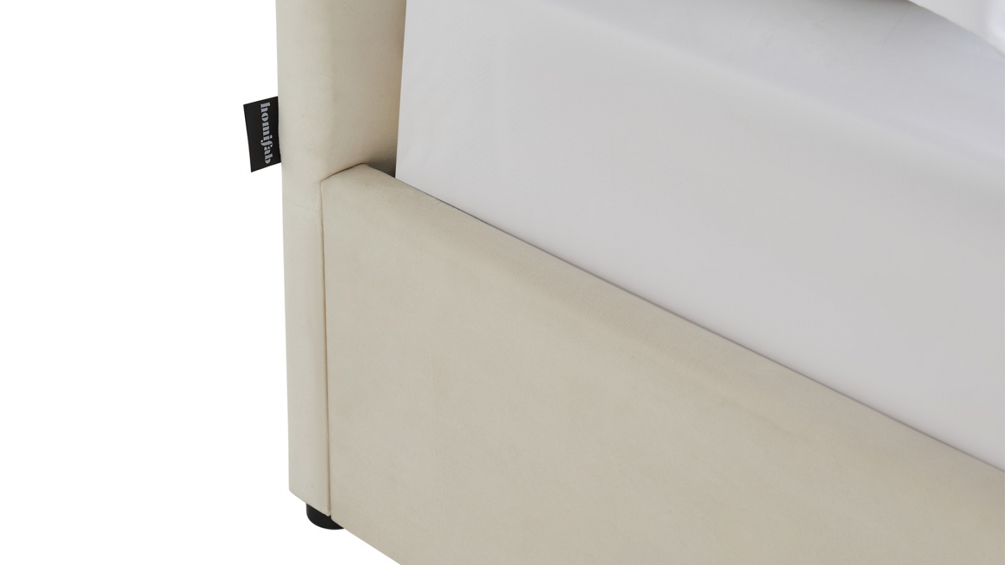 Lit coffre adulte 140x190 cm avec tête de lit capitonnée en velours beige et sommier - Tina