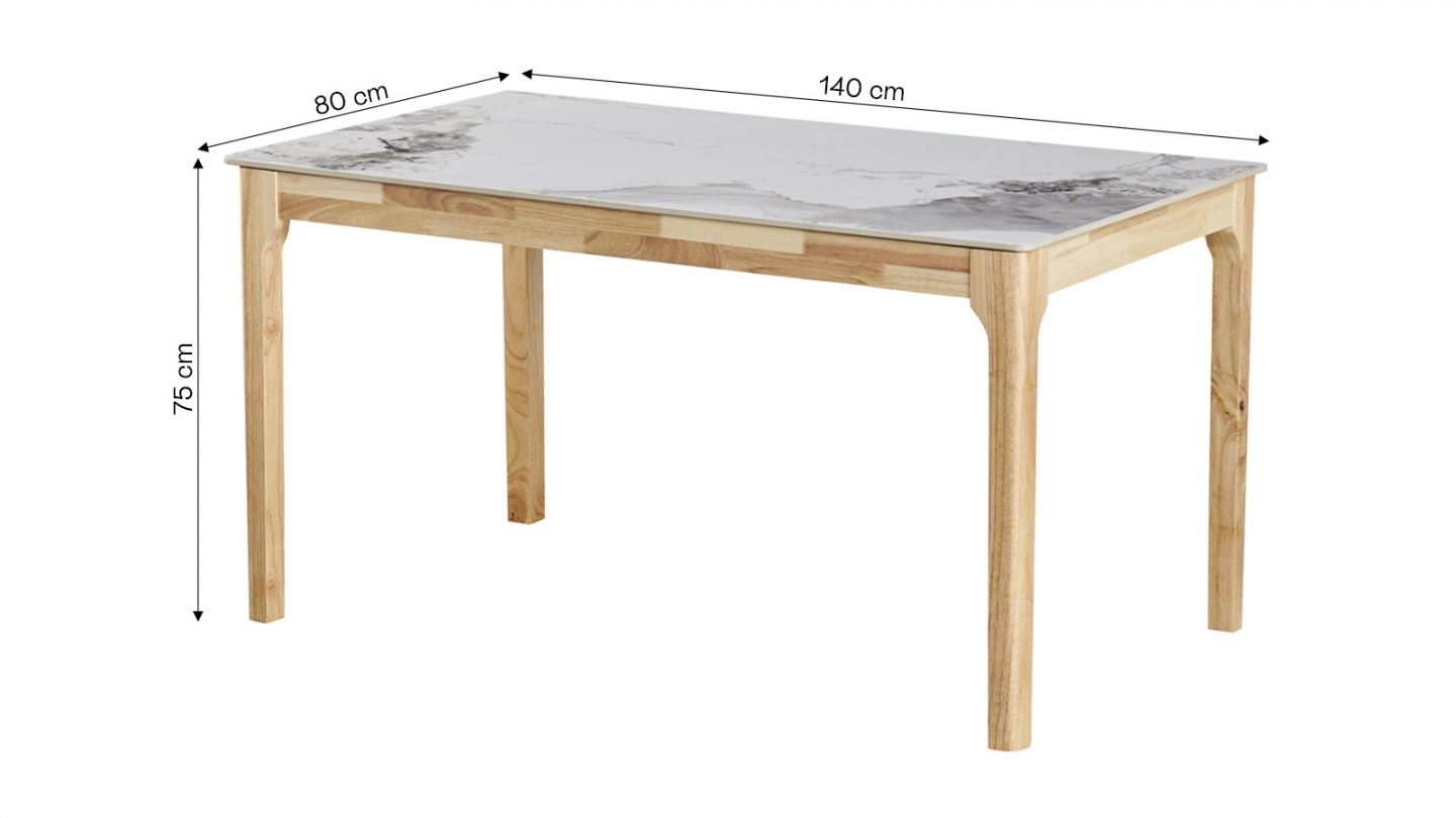 Table à manger en céramique effet marbre, piètement bois 140 cm - Sally