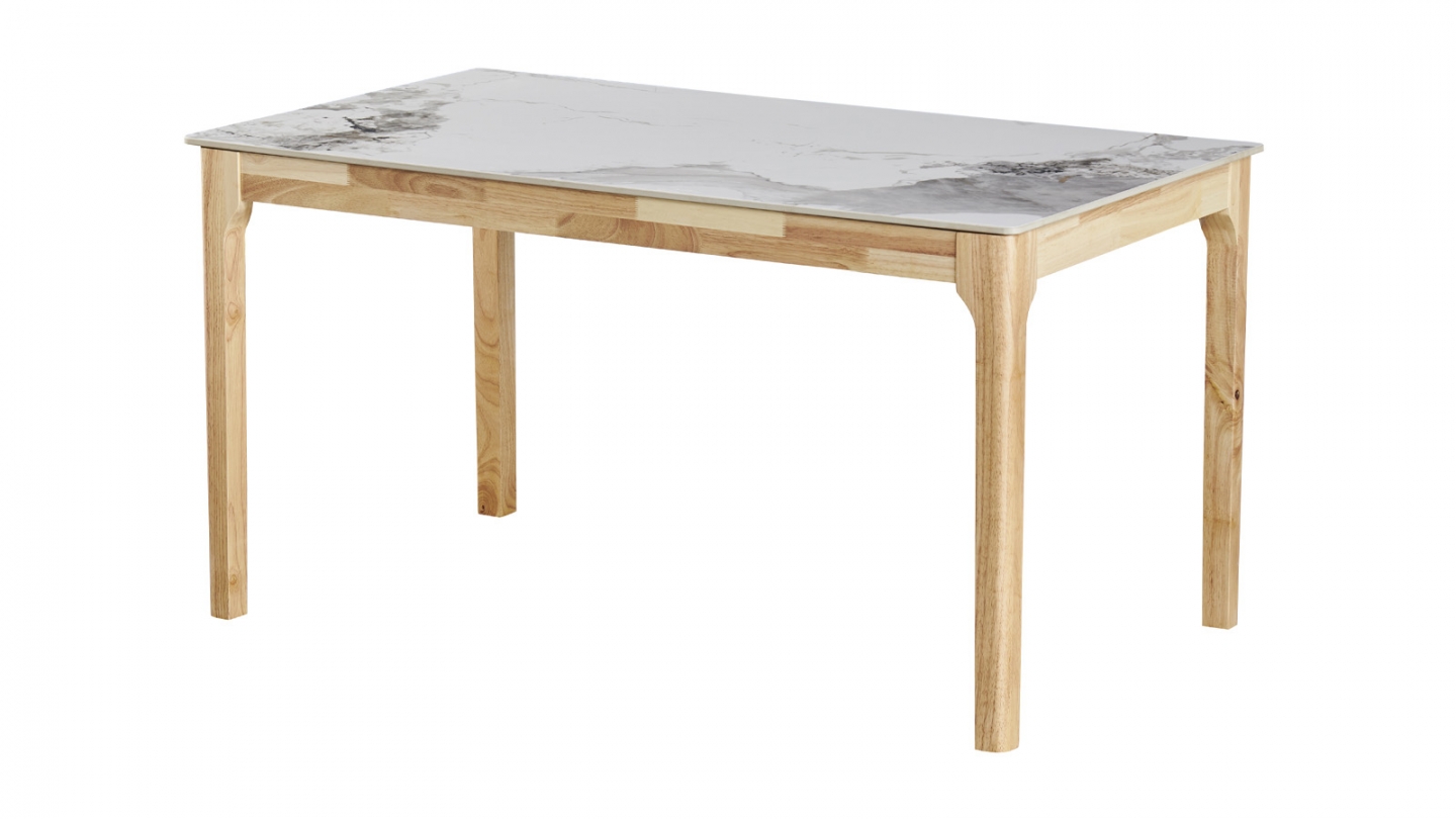 Table à manger en céramique effet marbre, piètement bois 140 cm - Sally