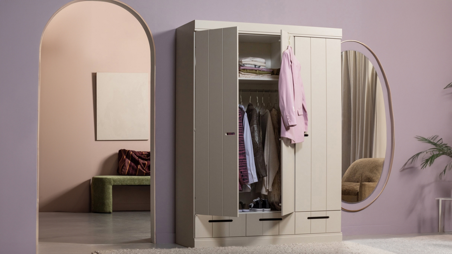 Armoire 3 portes 3 tiroirs en bois FSC beige 140 cm - Connect