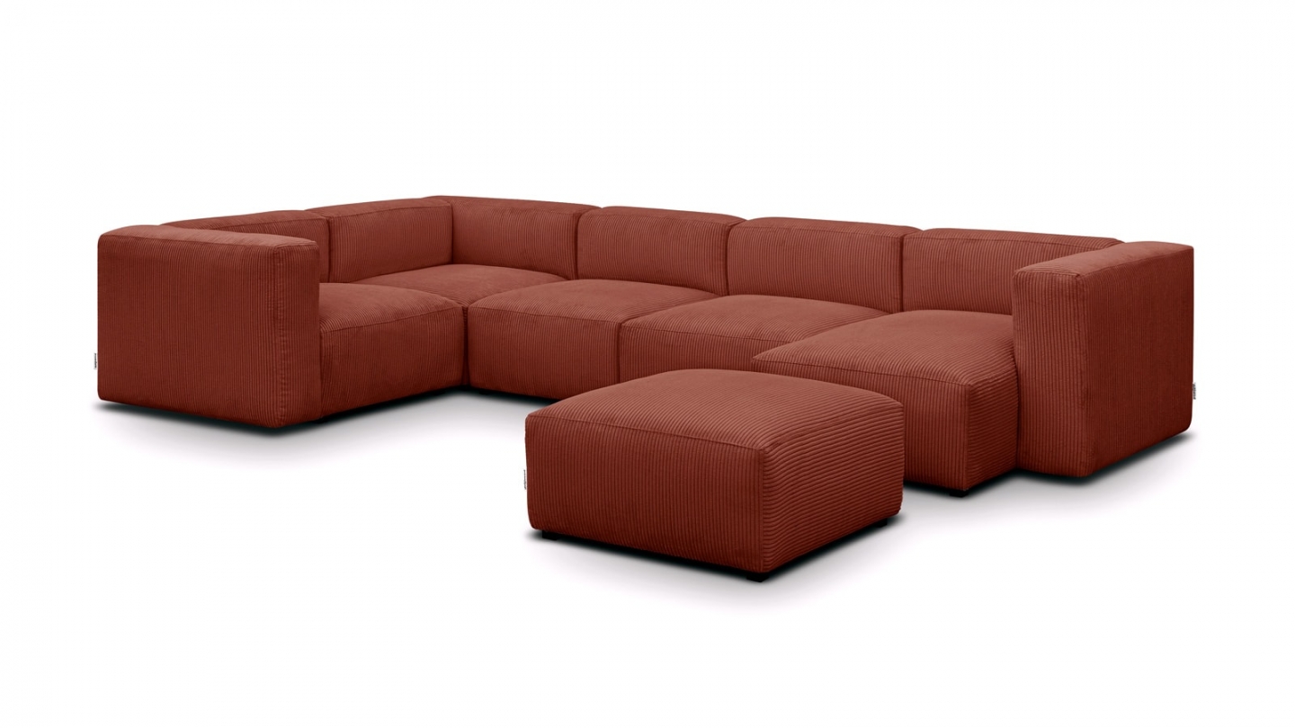 Canapé modulable panoramique 6 places avec méridienne à droite + pouf en velours côtelé rouille - Modulo New Canapé modulable panoramique 6 places avec méridienne à droite + pouf en velours côtelé rouille - Modulo New