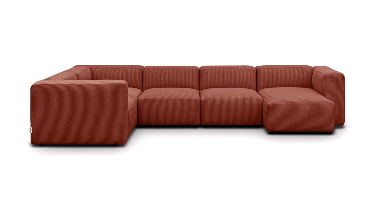 Canapé modulable panoramique 6 places avec méridienne à droite + pouf en velours côtelé rouille - Modulo New Canapé modulable panoramique 6 places avec méridienne à droite + pouf en velours côtelé rouille - Modulo New