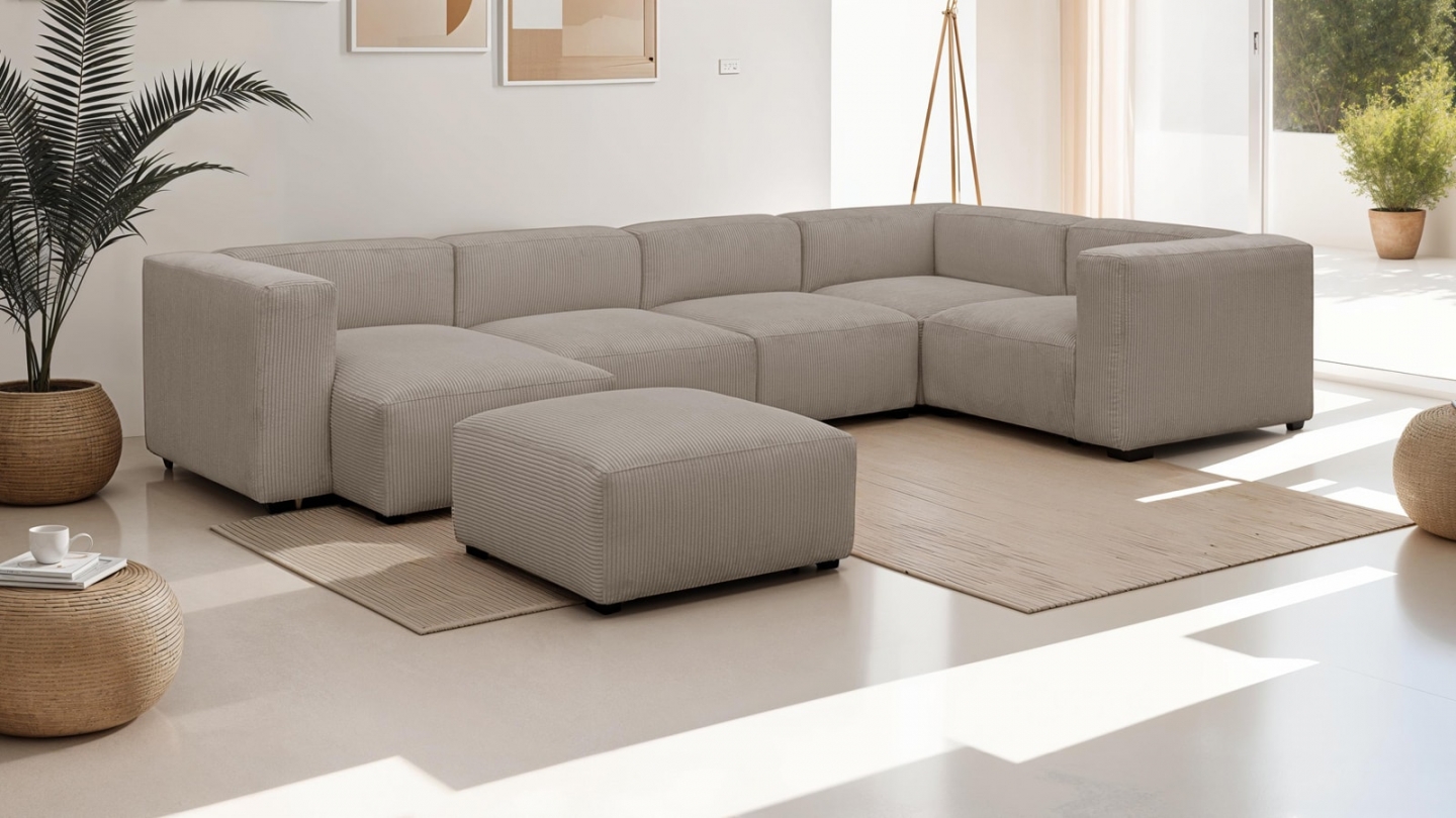 Canapé modulable panoramique 6 places avec méridienne à gauche + pouf en velours côtelé taupe - Modulo New
