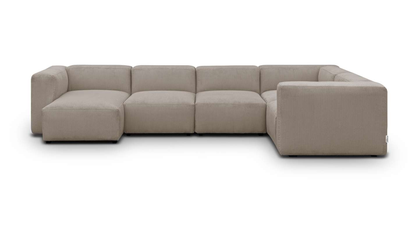Canapé modulable panoramique 6 places avec méridienne à gauche + pouf en velours côtelé taupe - Modulo New