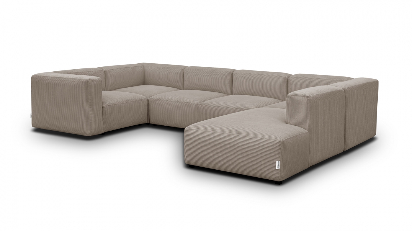 Canapé modulable panoramique 9 places ouvert à droite + pouf en velours côtelé taupe - Modulo New Canapé modulable panoramique 9 places ouvert à droite + pouf en velours côtelé taupe - Modulo New