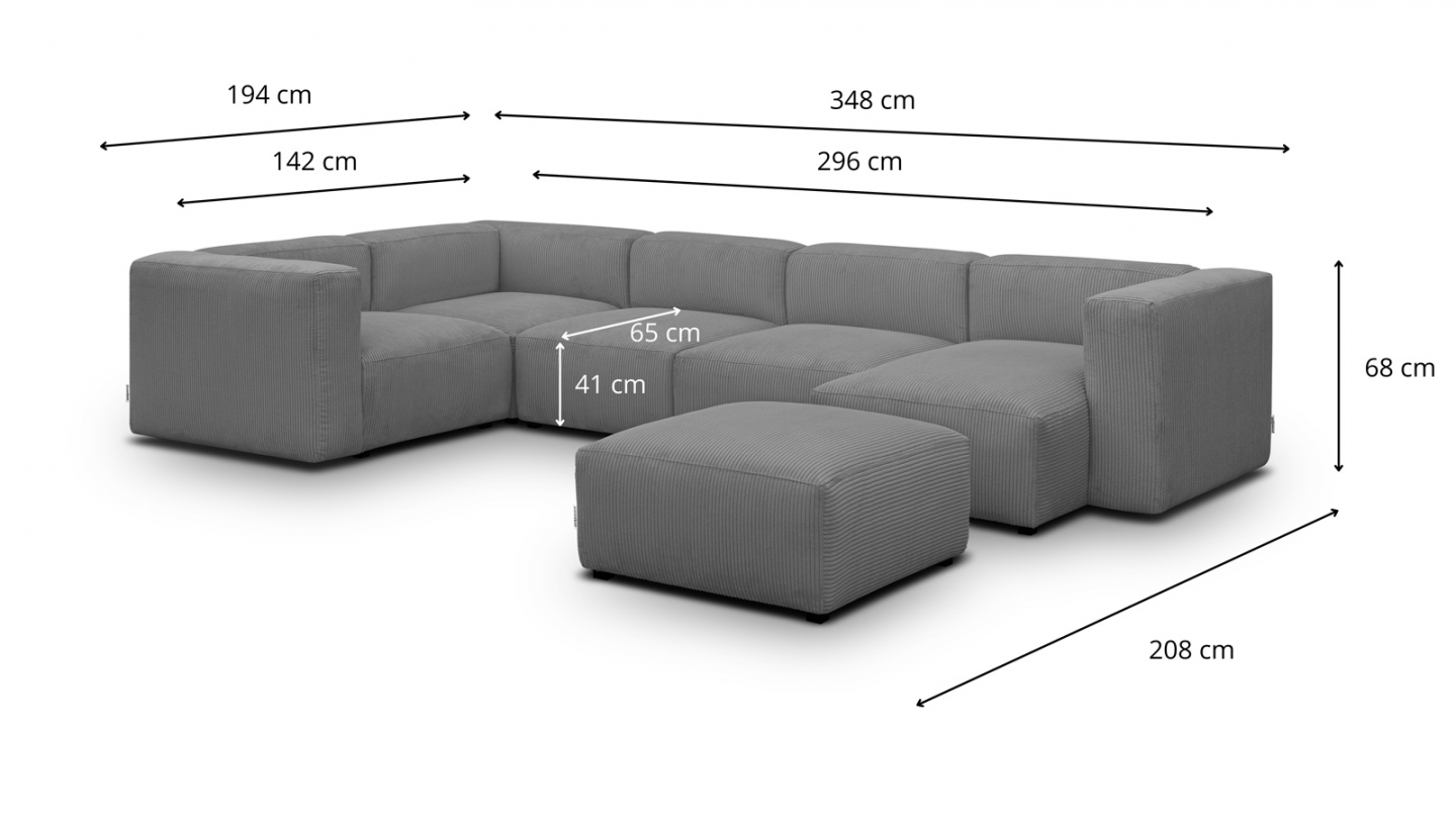 Canapé modulable panoramique 6 places avec méridienne à droite + pouf en velours côtelé gris clair - Modulo New Canapé modulable panoramique 6 places avec méridienne à droite + pouf en velours côtelé gris clair - Modulo New