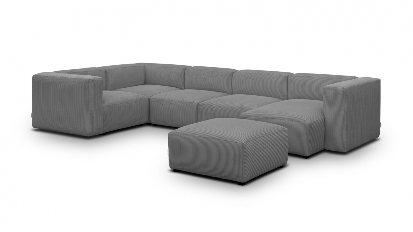 Canapé modulable panoramique 6 places avec méridienne à droite + pouf en velours côtelé gris clair - Modulo New Canapé modulable panoramique 6 places avec méridienne à droite + pouf en velours côtelé gris clair - Modulo New