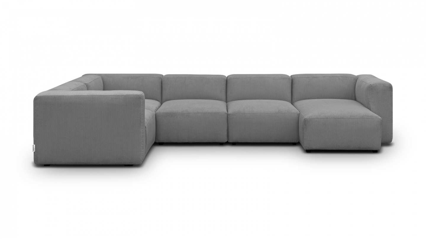 Canapé modulable panoramique 6 places avec méridienne à droite + pouf en velours côtelé gris clair - Modulo New Canapé modulable panoramique 6 places avec méridienne à droite + pouf en velours côtelé gris clair - Modulo New