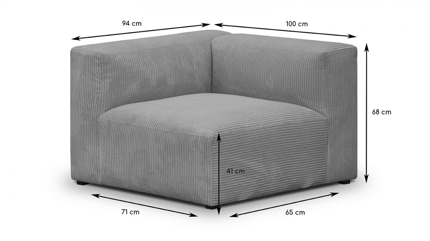 Canapé modulable panoramique 6 places avec méridienne à droite + pouf en velours côtelé gris clair - Modulo New