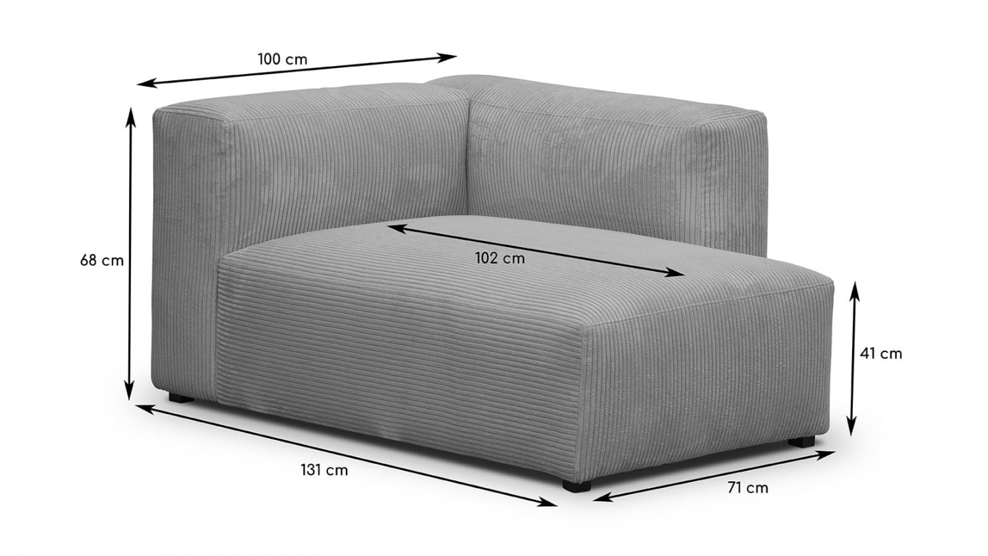 Canapé modulable panoramique 6 places avec méridienne à droite + pouf en velours côtelé gris clair - Modulo New
