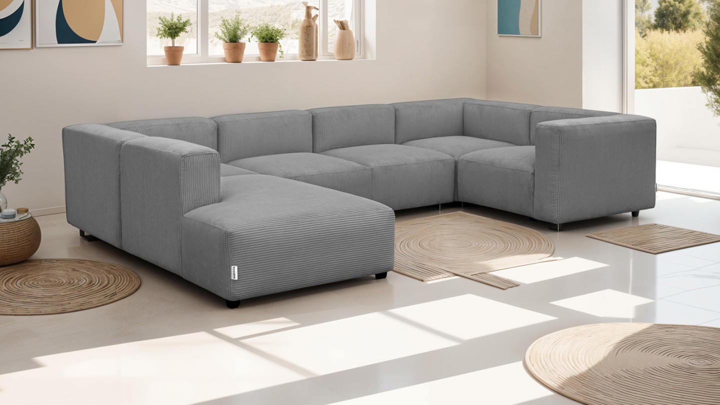 Canapé modulable panoramique 9 places ouvert à gauche en velours côtelé gris clair - Modulo New