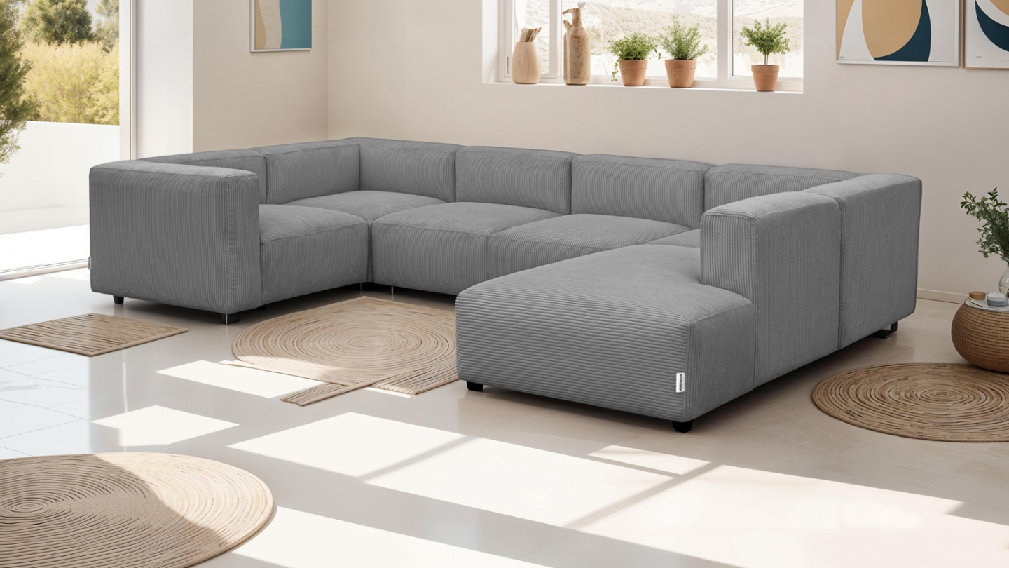 Canapé modulable panoramique 9 places ouvert à droite + pouf en velours côtelé gris clair - Modulo New