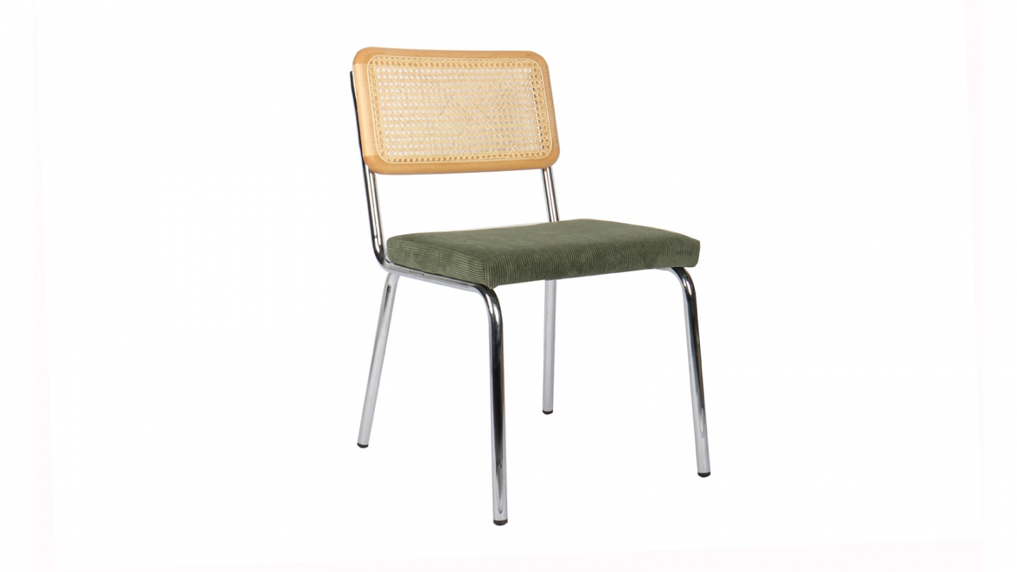Lot de 2 chaises en acier chromé, cannage naturel et velours côtelé vert - Paula