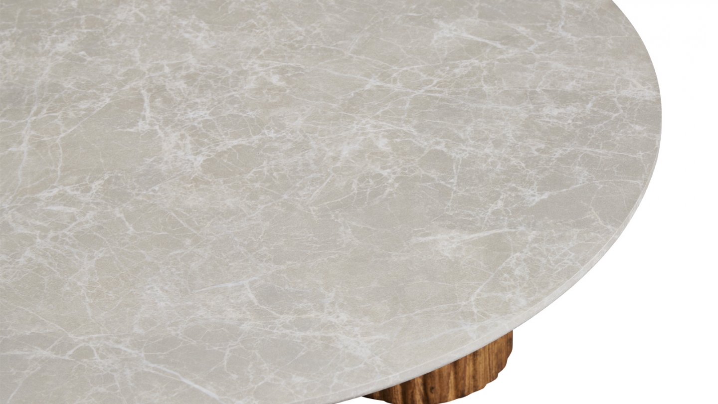 Table basse ronde effet marbre blanc, piètement bois 80 cm - Stone