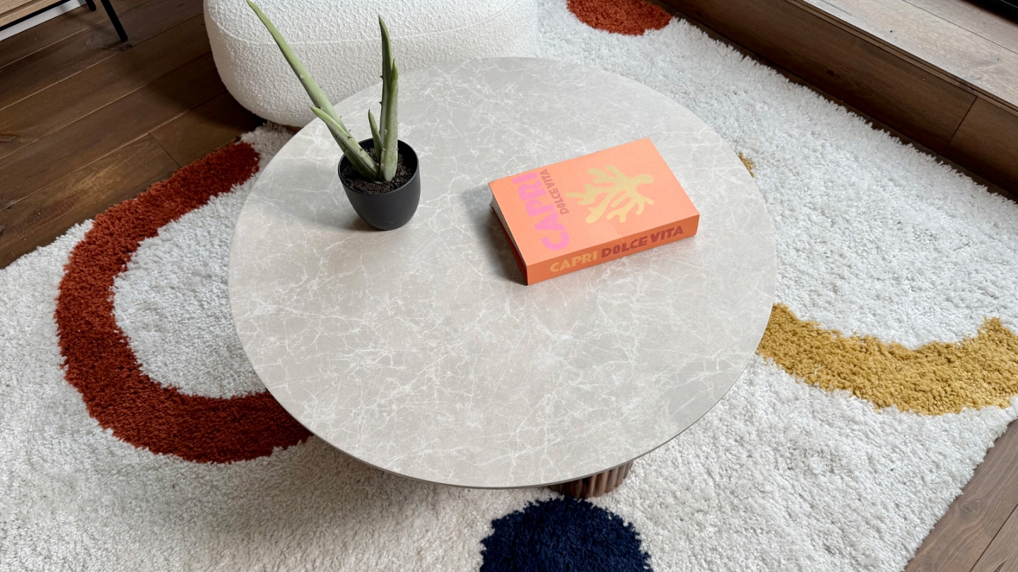 Table basse ronde effet marbre blanc, piètement bois 80 cm - Stone