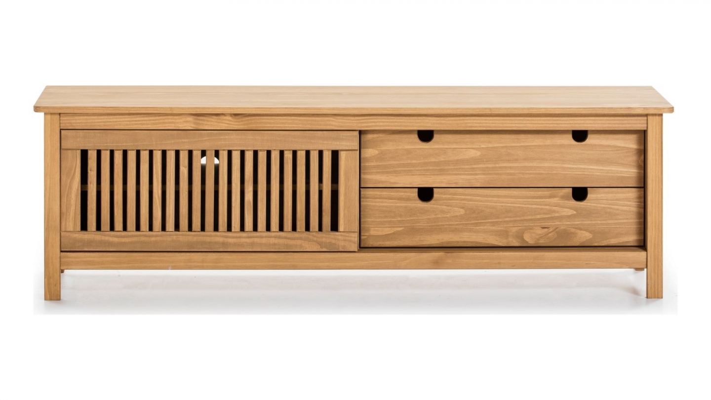 Meuble TV 1 porte coulissante 2 tiroirs en bois 158 cm - Fabia