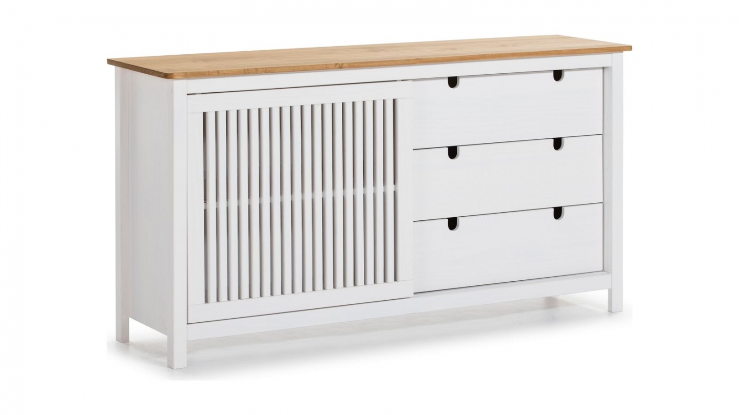 Buffet 1 porte coulissante 3 tiroirs en bois blanc 150 cm - Fabia