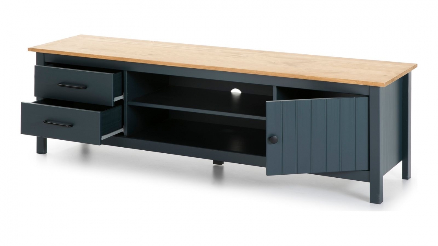 Meuble TV 1 porte 2 tiroirs en bois massif bleu 158 cm - Ida