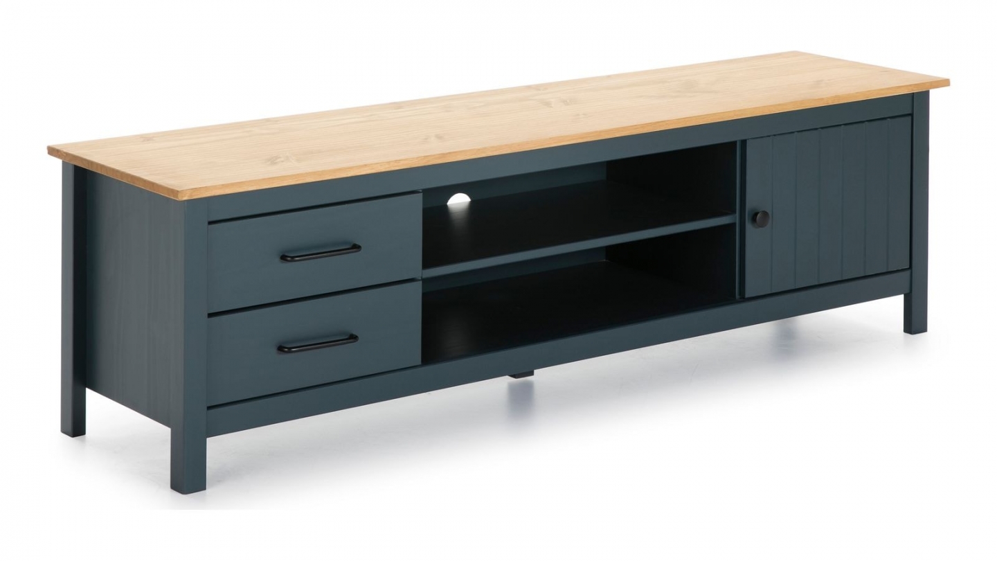 Meuble TV 1 porte 2 tiroirs en bois massif bleu 158 cm - Ida