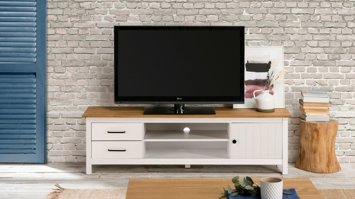 Meuble TV 1 porte 2 tiroirs en bois massif blanc 158 cm - Ida