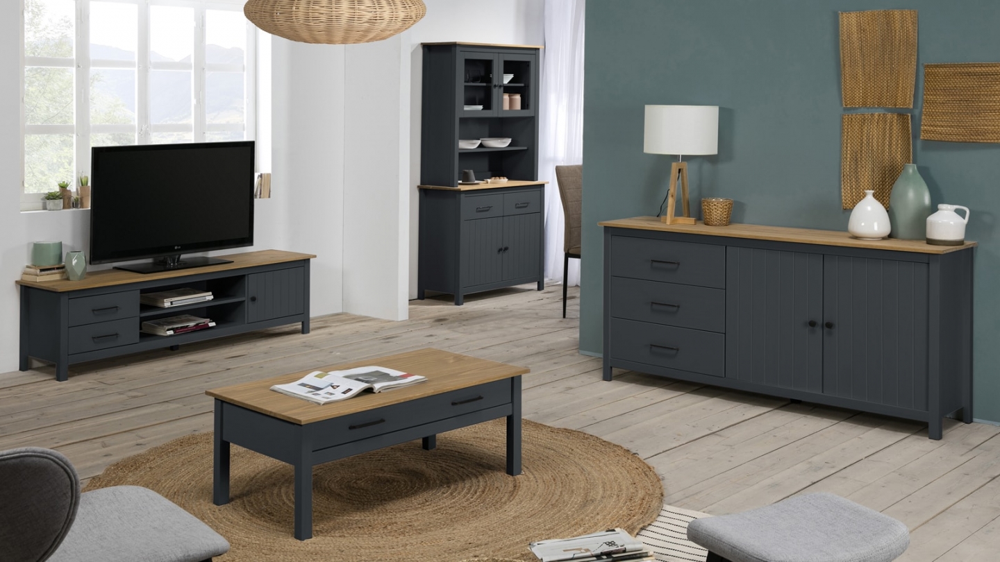 Buffet 2 portes 3 tiroirs en bois massif bleu 150 cm - Ida