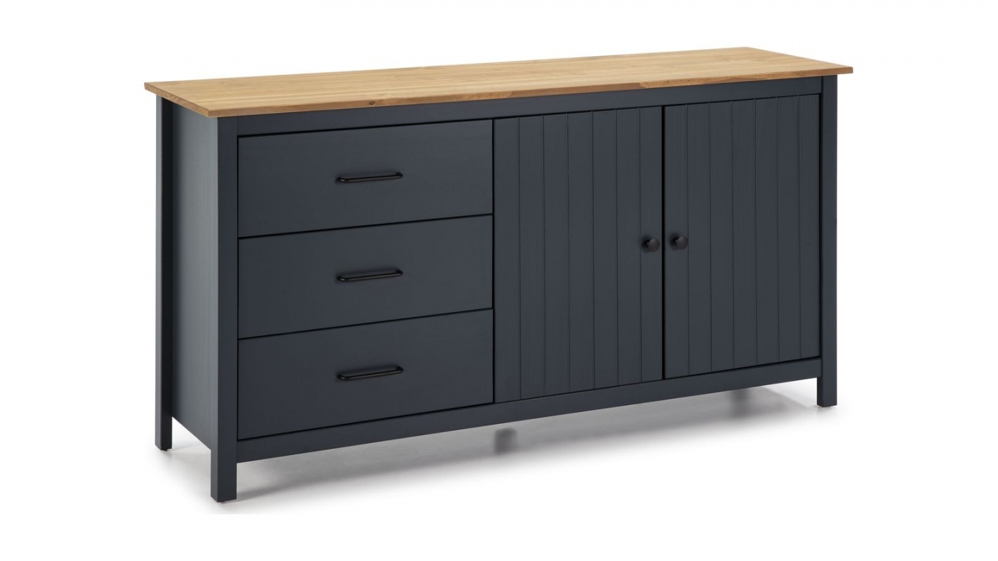Buffet 2 portes 3 tiroirs en bois massif bleu 150 cm - Ida