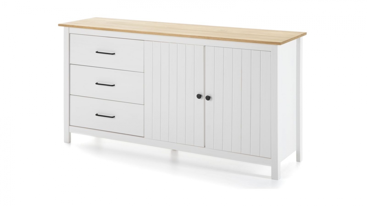 Buffet 2 portes 3 tiroirs en bois massif blanc 150cm - Ida