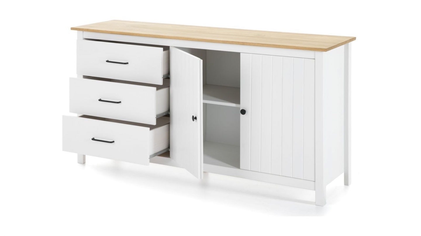 Buffet 2 portes 3 tiroirs en bois massif blanc 150cm - Ida