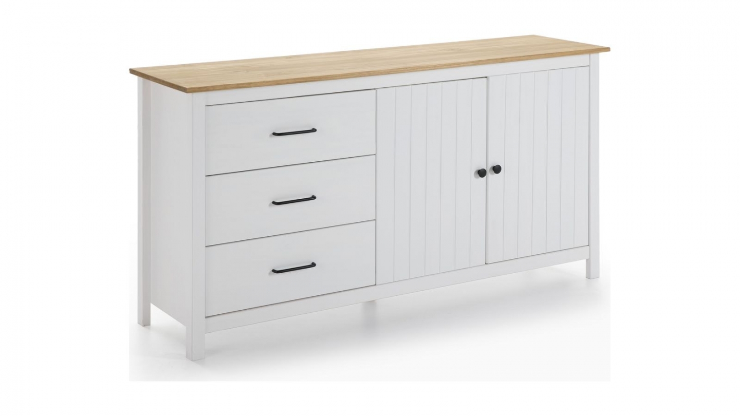 Buffet 2 portes 3 tiroirs en bois massif blanc 150cm - Ida