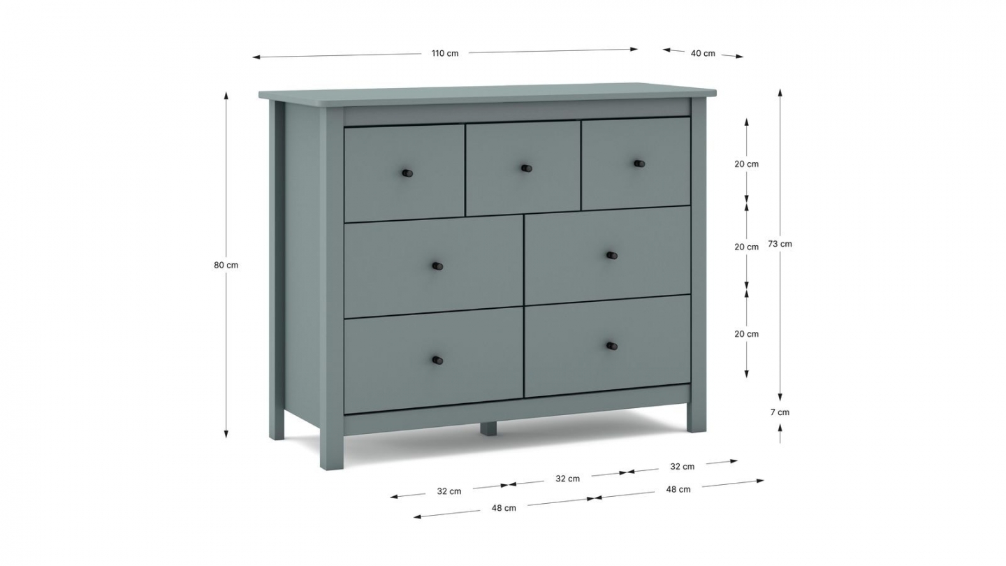 Commode 7 tiroirs en bois massif vert kaki 110 cm - Macha