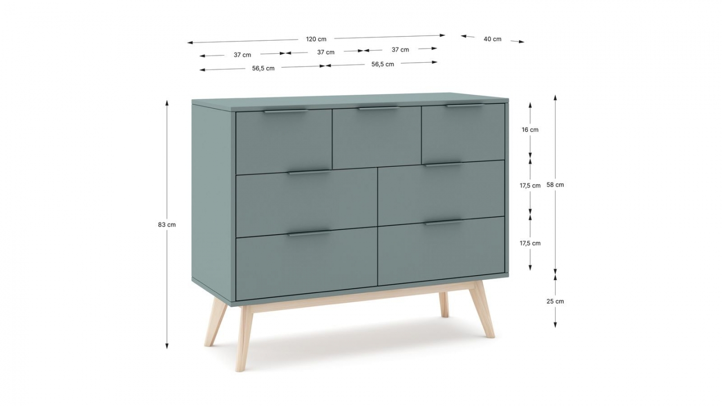 Commode 7 tiroirs en bois vert kaki 120 cm - Piera