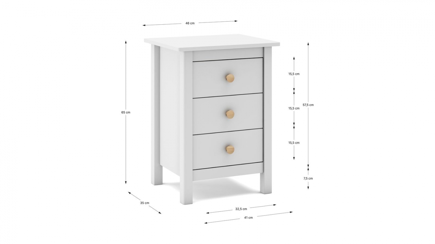 Table de chevet enfant 3 tiroirs en bois massif blanc - Melvin