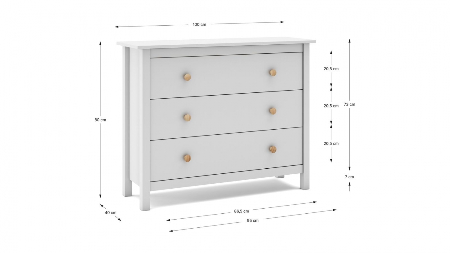 Commode enfant 3 tiroirs en bois massif blanc 100 cm - Melvin