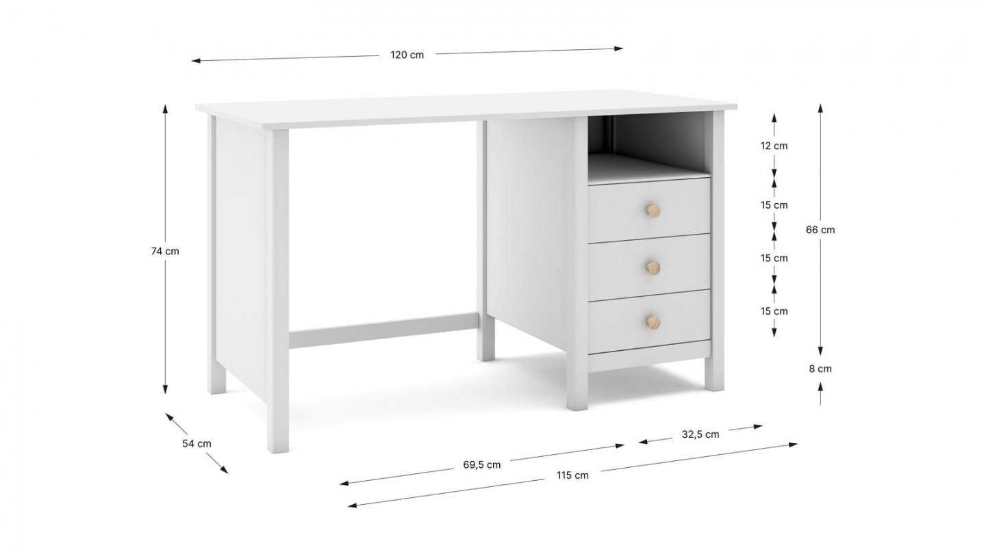 Bureau enfant 3 tiroirs en bois massif blanc 120 cm - Melvin