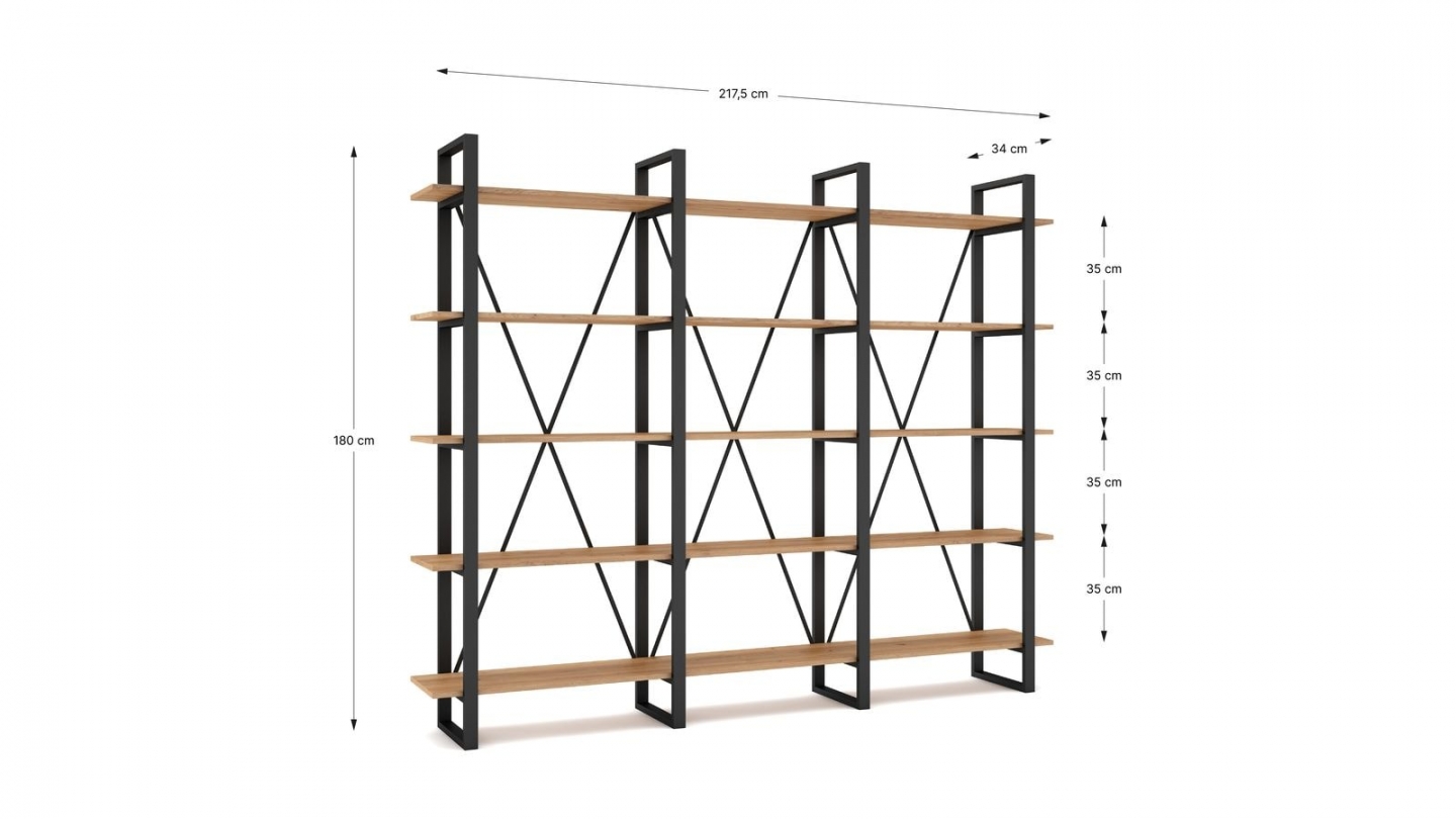 Bibliothèque 4 niveaux en métal noir et effet bois 217.5 cm - Genna