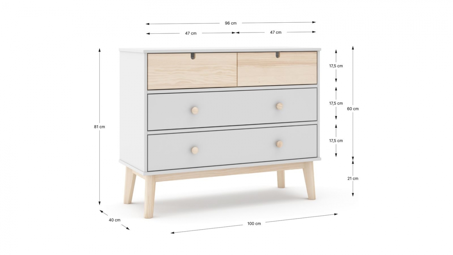 Commode enfant 4 tiroirs en bois blanc 100 cm - Lucy