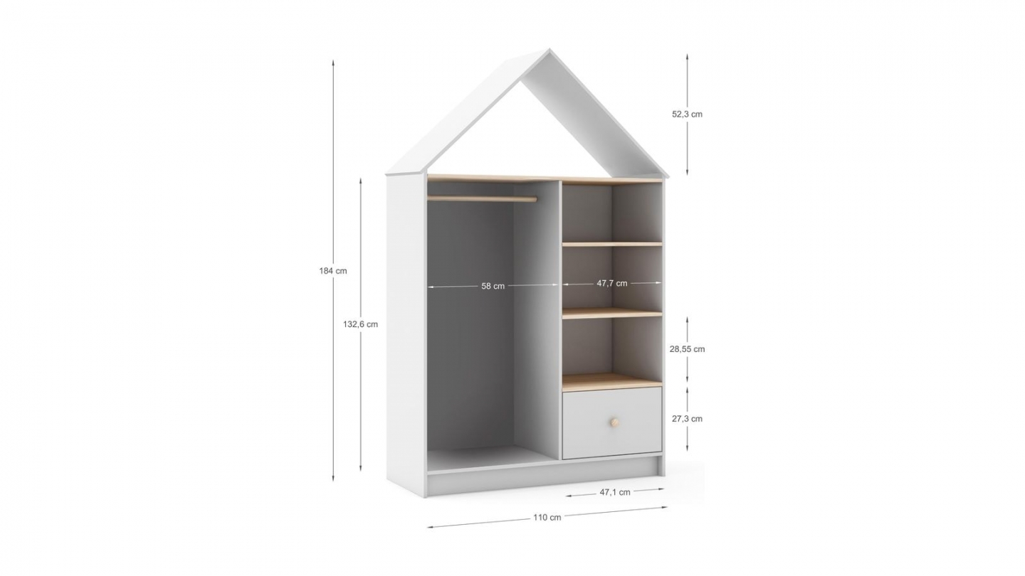 Penderie cabane enfant 1 tiroir en bois blanc 110 cm - Lucy