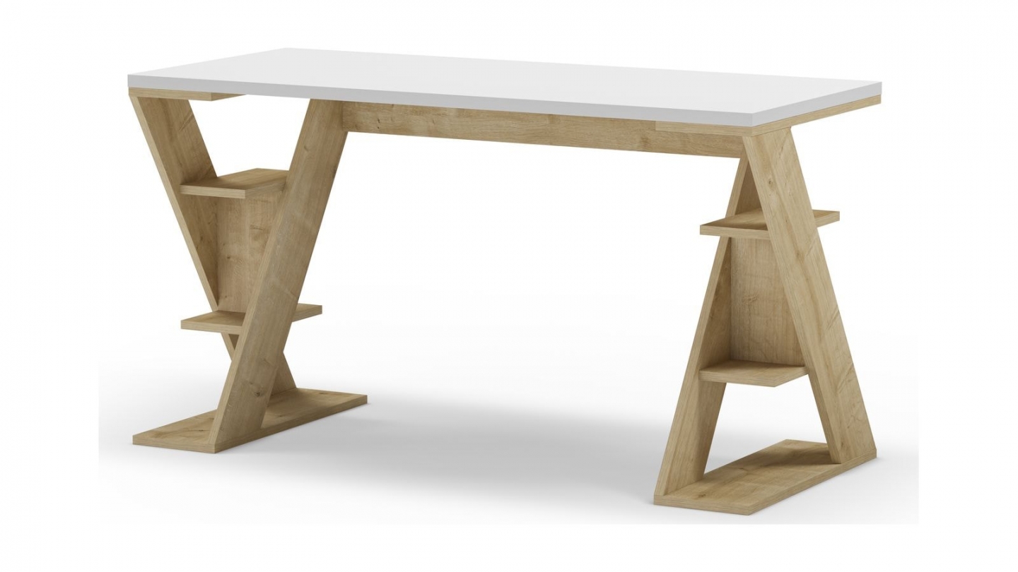 Bureau blanc avec piètement en bois massif 137 cm - Milan